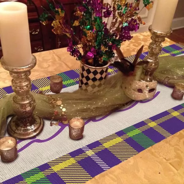 ARKENY Mardi Gras Table Runner 72 InchesPurple Green Yellow Buffalo Plaid Fleur De Lis Coffee Home Dining Indoor Holiday Farmhouse Tabletop Decor AT071table runner 13X72