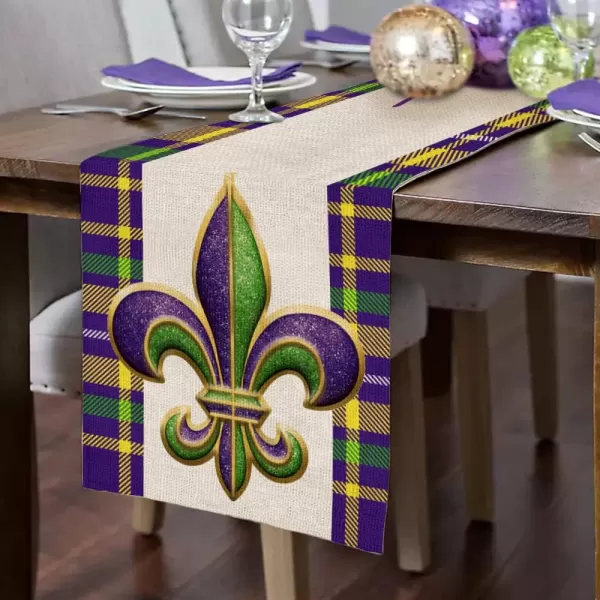 ARKENY Mardi Gras Table Runner 72 InchesPurple Green Yellow Buffalo Plaid Fleur De Lis Coffee Home Dining Indoor Holiday Farmhouse Tabletop Decor AT071table runner 13X72