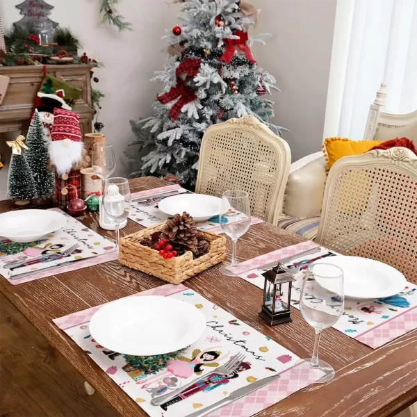 ARKENY Merry Christmas Placemats 12x18 Inches Set of 4Nutcracker Flower Tree Winter Seasonal Burlap Pink Diamond Farmhouse Indoor Kitchen Dining Table Holiday Decoration for Home Party AP47918Pink Placemats Set of 4  12X18