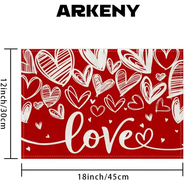 ARKENY Valentines Day Placemats 12x18 Inches Set of 4 Love Heart Red Seasonal Farmhouse Burlap Indoor Kitchen Dining Table Decorations for Home Party AP52218Red Placemats Set of 4  12X18