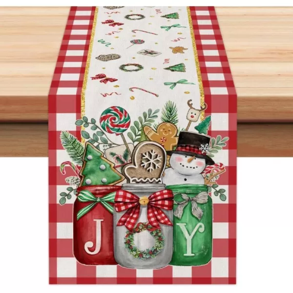 ARKENY Christmas Table Runner 13x72 InchesMason Jar Joy Gingerbread Snowman Tree Winter Seasonal Burlap Red Plaid Farmhouse Indoor Kitchen Dining Table Holiday Decoration for Home Party AT46872Red Mason Jar Table Runner  13X72