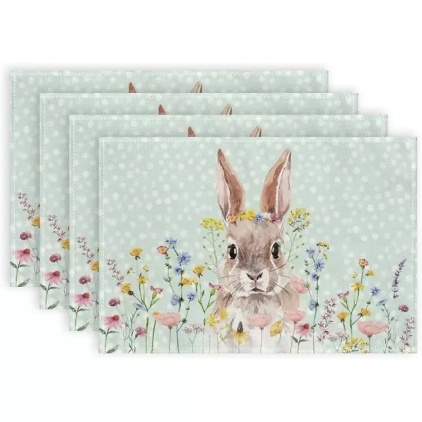 ARKENY Easter Placemats 12x18 Inches Set of 4 Bunny Rabbit Floral Spring Summer Seasonal Farmhouse Polka Dot Green Burlap Indoor Kitchen Dining Table Mats Decorations for Home Party AP5584Green Placemats Set of 4  12X18