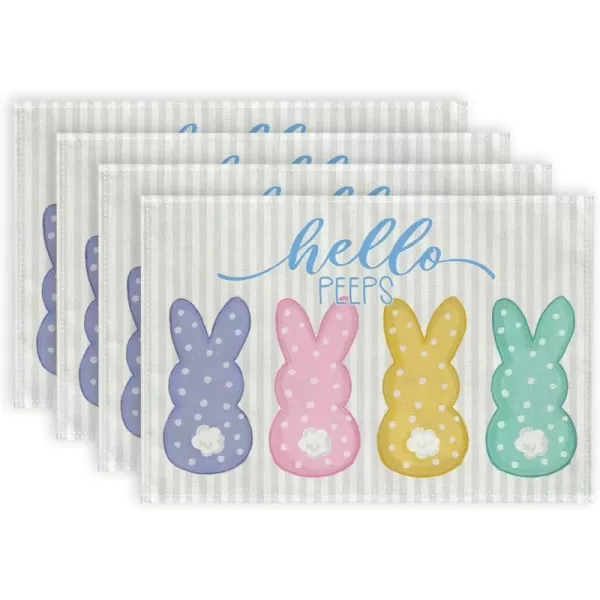 ARKENY Easter Placemats 12x18 Inches Set of 4 Bunny Rabbit Hello Peeps Spring Summer Seasonal Farmhouse Stripe Burlap Indoor Kitchen Dining Table Mats Decorations for Home Party AP5694Beige Placemats Set of 4  12X18