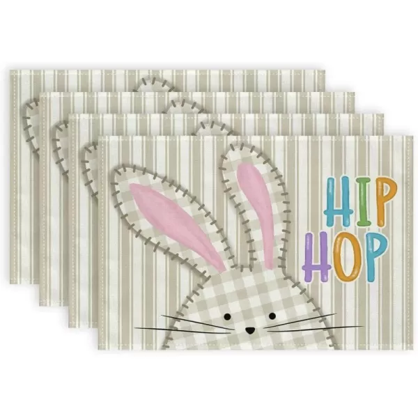 ARKENY Easter Placemats 12x18 Inches Set of 4 Bunny Rabbit Hip Hop Spring Summer Seasonal Farmhouse Stripe Burlap Indoor Kitchen Dining Table Mats Decorations for Home Party AP5604Beige Placemats Set of 4  12X18