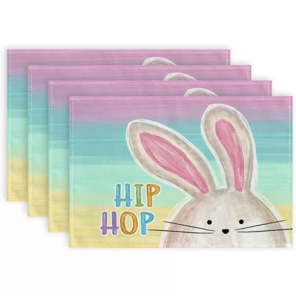 ARKENY Easter Placemats 12x18 Inches Set of 4 Bunny Rabbit Hip Hop Spring Summer Seasonal Farmhouse Stripe Burlap Indoor Kitchen Dining Table Mats Decorations for Home Party AP5604PinkBlue Placemats Set of 4  12X18