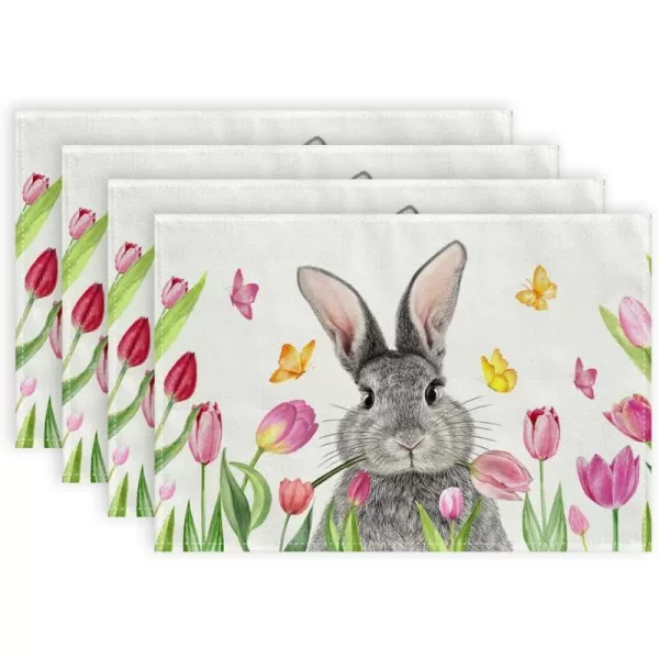 ARKENY Easter Placemats 12x18 Inches Set of 4 Bunny Rabbit Tulips Floral Spring Summer Seasonal Farmhouse Burlap Indoor Kitchen Dining Table Mats Decorations for Home Party AP5564Offwhite Placemats Set of 4  12X18