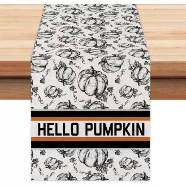 ARKENY Fall Thanksgiving Placemats 12x18 Inches Set of 4Hello Pumpkin Hand DrawnSeasonal Burlap Farmhouse Orange White Indoor Kitchen Dining Table Autumn Decorations for Home Party AP44718White Table Runner  13X72