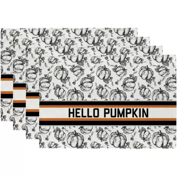 ARKENY Fall Thanksgiving Placemats 12x18 Inches Set of 4Hello Pumpkin Hand DrawnSeasonal Burlap Farmhouse Orange White Indoor Kitchen Dining Table Autumn Decorations for Home Party AP44718White Placemats Set of 4  12X18