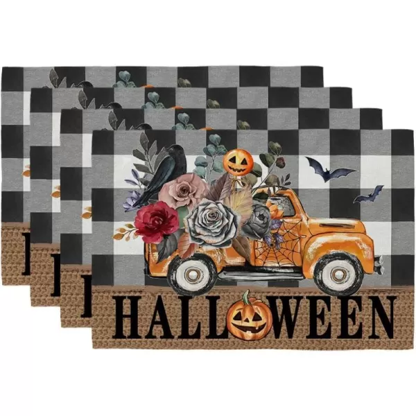 ARKENY Halloween Placemats 12x18 Inches Set of 4Pumpkin Truck Bat Flower Crow Seasonal Burlap Buffalo Plaid Farmhouse Indoor Kitchen Dining Table Decorations for Home Party AP46218Buffalo Plaid Placemats Set of 4  12X18