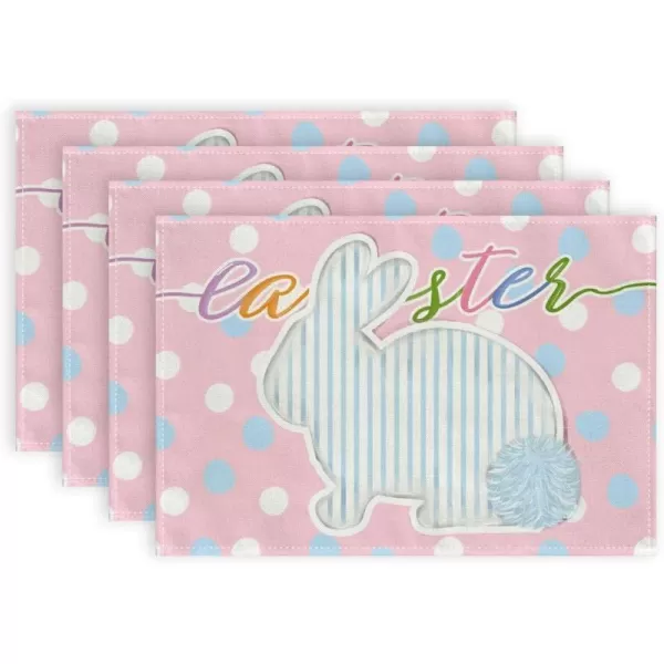 ARKENY Happy Easter Placemats 12x18 Inches Set of 4 Bunny Rabbit Stripe Pink Spring Summer Seasonal Farmhouse Polka Dot Burlap Indoor Kitchen Dining Table Mats Decorations for Home Party AP5684Pink Placemats Set of 4  12X18