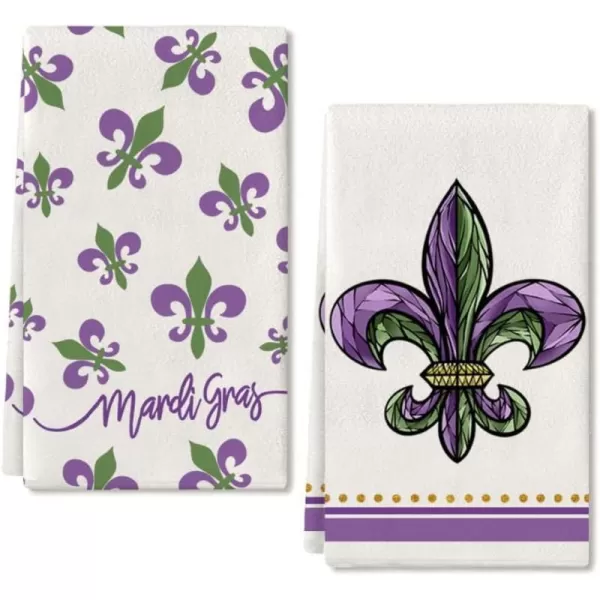 ARKENY Mardi Gras Kitchen Towels Set of 2Purple Fleur De Lis Beads Dish Towels 18x26 Inch Drying DishclothFarmhouse Home Mardi Gras Carnival Seasonal Holiday Decorations AD195White