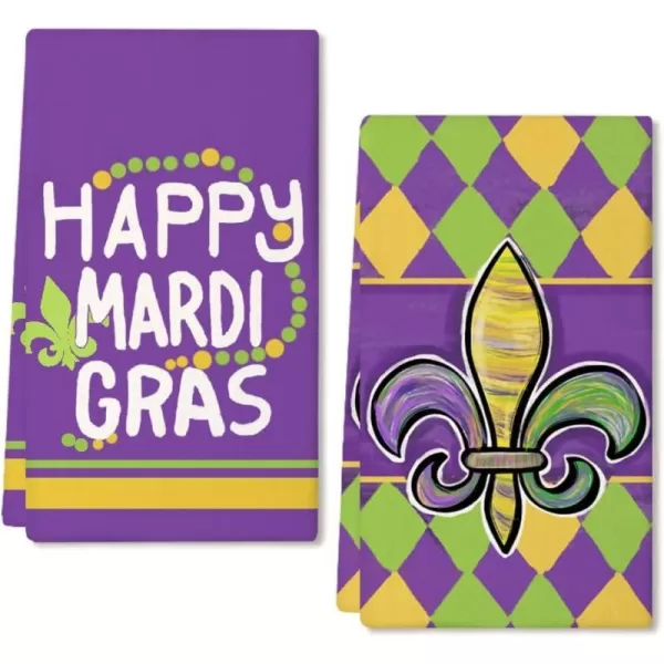 ARKENY Mardi Gras Kitchen Towels Set of 2Purple Fleur De Lis Beads Dish Towels 18x26 Inch Drying DishclothFarmhouse Home Mardi Gras Carnival Seasonal Holiday Decorations AD195Yellow Fleur De Lis