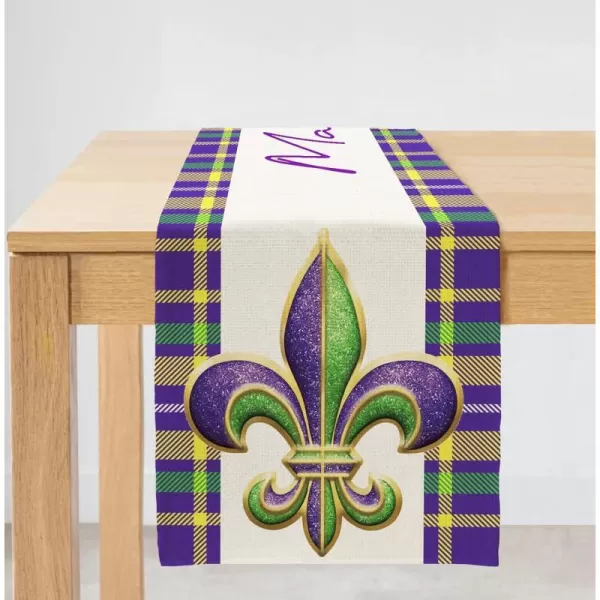 ARKENY Mardi Gras Table Runner 72 InchesPurple Green Yellow Buffalo Plaid Fleur De Lis Coffee Home Dining Indoor Holiday Farmhouse Tabletop Decor AT071table runner 13X72