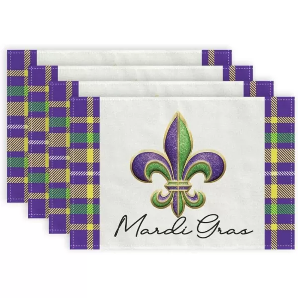 ARKENY Mardi Gras Table Runner 72 InchesPurple Green Yellow Buffalo Plaid Fleur De Lis Coffee Home Dining Indoor Holiday Farmhouse Tabletop Decor AT071placemats 12X18