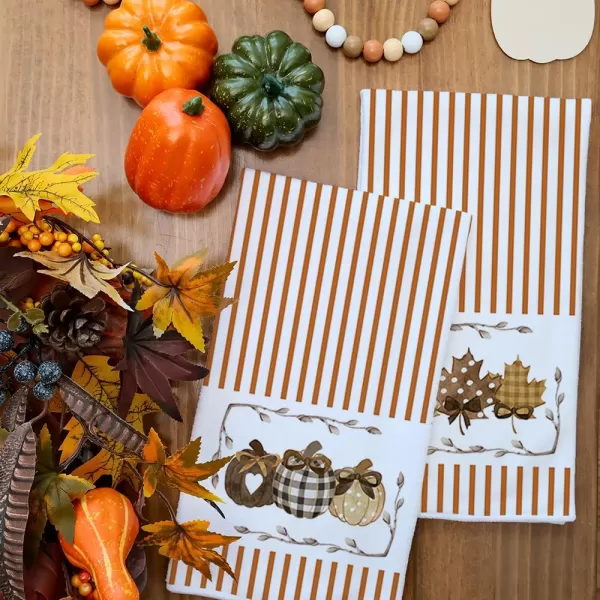 ARKENY Fall Kitchen Towels Set of 2Orange Stripes Pumpkin Maple Autumn Dish Towels 18x26 Inch Drying DishclothFarmhouse Home Decoration AD115Orange Farmhouse