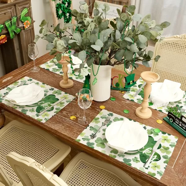 ARKENY St Patricks Day Placemats 12x18 Inches Set of 4 Shamrock Lucky Spring Seasonal Farmhouse Burlap Green Indoor Kitchen Dining Table Mats Decorations for Home Party AP5424Green Placemats Set of 4  12X18