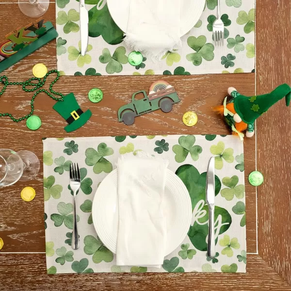 ARKENY St Patricks Day Placemats 12x18 Inches Set of 4 Shamrock Lucky Spring Seasonal Farmhouse Burlap Green Indoor Kitchen Dining Table Mats Decorations for Home Party AP5424Green Placemats Set of 4  12X18