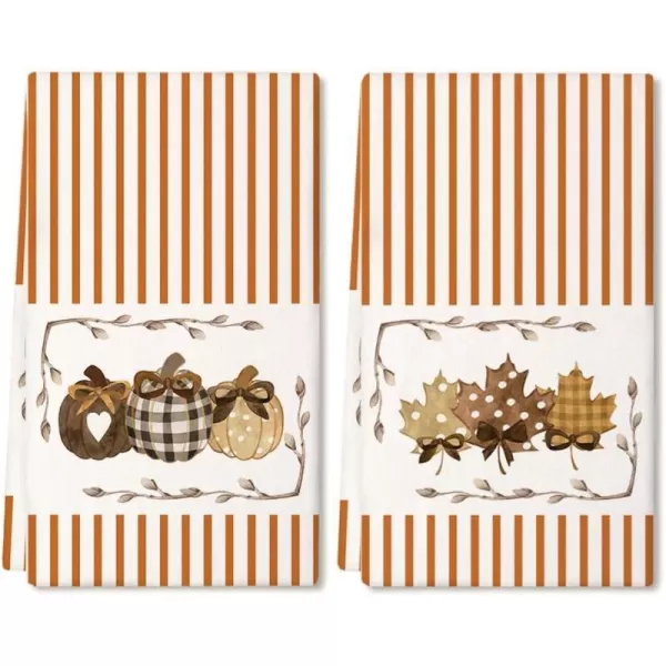 ARKENY Fall Kitchen Towels Set of 2Orange Stripes Pumpkin Maple Autumn Dish Towels 18x26 Inch Drying DishclothFarmhouse Home Decoration AD115Orange Farmhouse