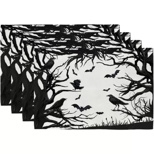 ARKENY Halloween Placemats 12x18 Inches Set of 4 Crows Tree Branch Silhouette Seasonal Burlap Farmhouse Indoor Kitchen Dining Table Decorations for Home Party AP45618Black Placemats Set of 4  12X18