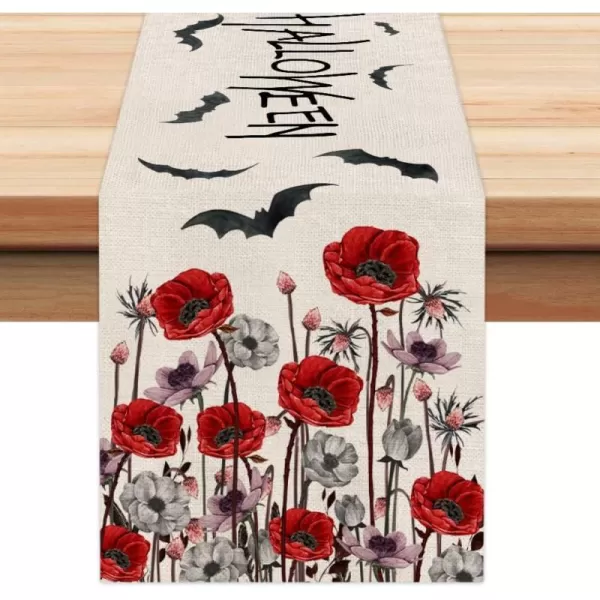 Happy Halloween Decorations Poppy Flower Table Runner 13x72 Inches Long Bat Farmhouse Holiday Party Decor Indoor Vintage Theme Gathering Dinner AT289Happy Halloween Decorations Poppy Flower Table Runner 13x72 Inches Long Bat Farmhouse Holiday Party Decor Indoor Vintage Theme Gathering Dinner AT289
