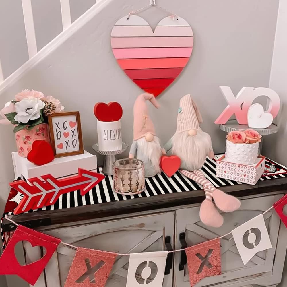 ARKENY Valentines Day Table Runner 13x72 Inches Gnomes Heart Black Strip Farmhouse Indoor Vintage Holiday Love Theme Gathering Dinner Party DecorARKENY Valentines Day Table Runner 13x72 Inches Gnomes Heart Black Strip Farmhouse Indoor Vintage Holiday Love Theme Gathering Dinner Party Decor