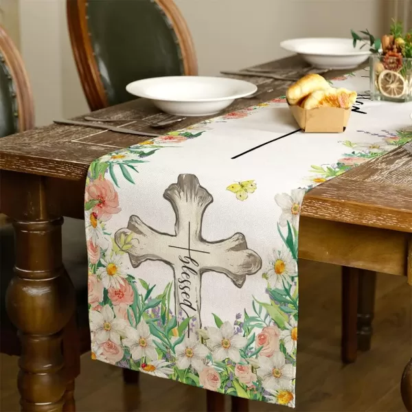 ARKENY Easter Table Runner 72 Inches Cross Floral Coffee Home Dining Indoor Seasonal Spring Holiday Farmhouse Tabletop Decor AT384table runner 13X72