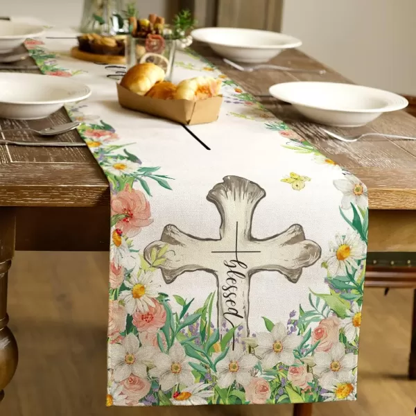 ARKENY Easter Table Runner 72 Inches Cross Floral Coffee Home Dining Indoor Seasonal Spring Holiday Farmhouse Tabletop Decor AT384table runner 13X72