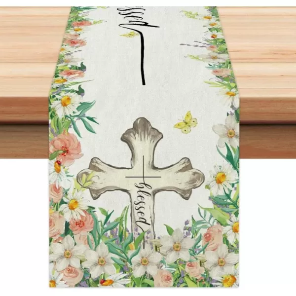 ARKENY Easter Table Runner 72 Inches Cross Floral Coffee Home Dining Indoor Seasonal Spring Holiday Farmhouse Tabletop Decor AT384table runner 13X72