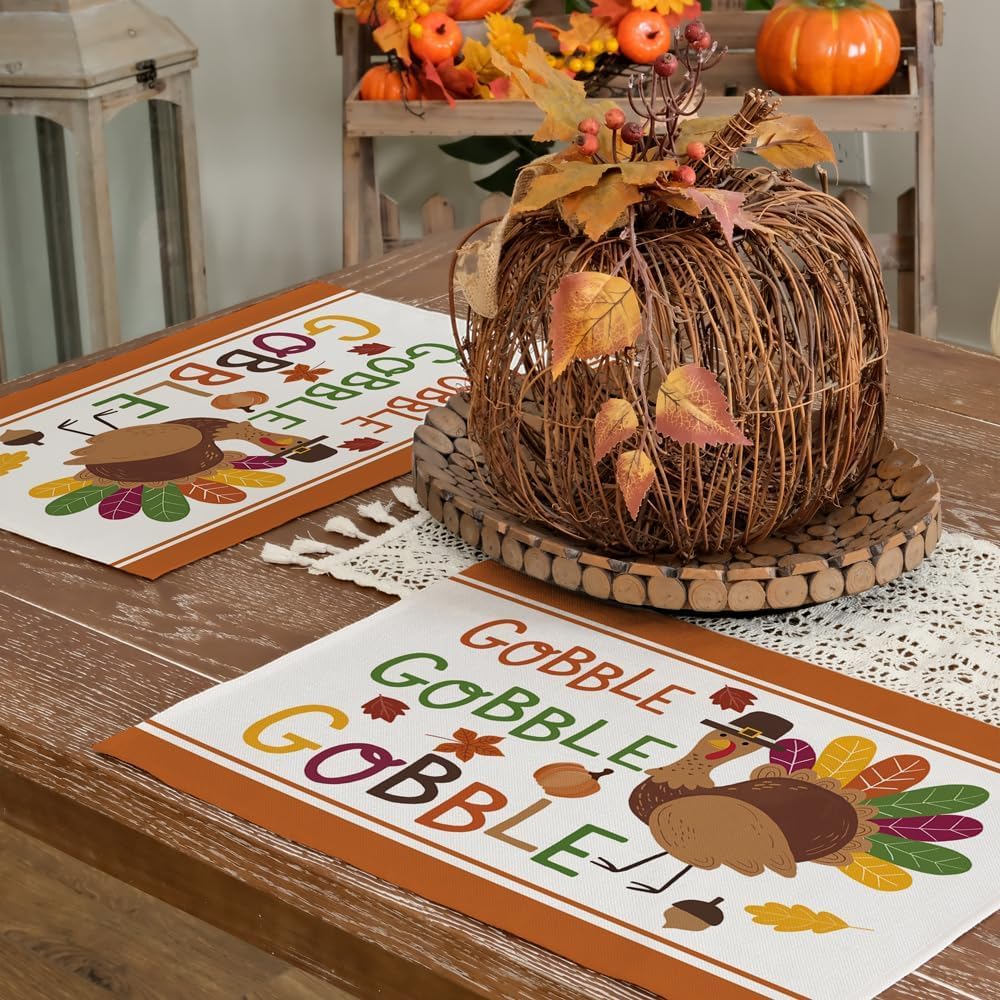 ARKENY Fall Thanksgiving Placemats 12x18 Inches Set of 4Turkey Gobble Seasonal Burlap Colorful Farmhouse Indoor Kitchen Dining Table Autumn Decorations for Home Party AP45018Multicolor Placemats Set of 4  12X18
