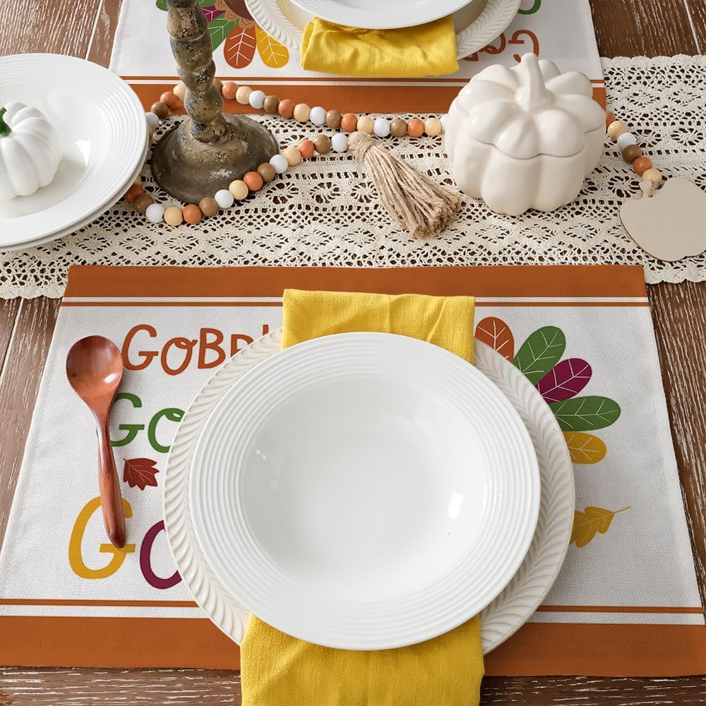 ARKENY Fall Thanksgiving Placemats 12x18 Inches Set of 4Turkey Gobble Seasonal Burlap Colorful Farmhouse Indoor Kitchen Dining Table Autumn Decorations for Home Party AP45018Multicolor Placemats Set of 4  12X18