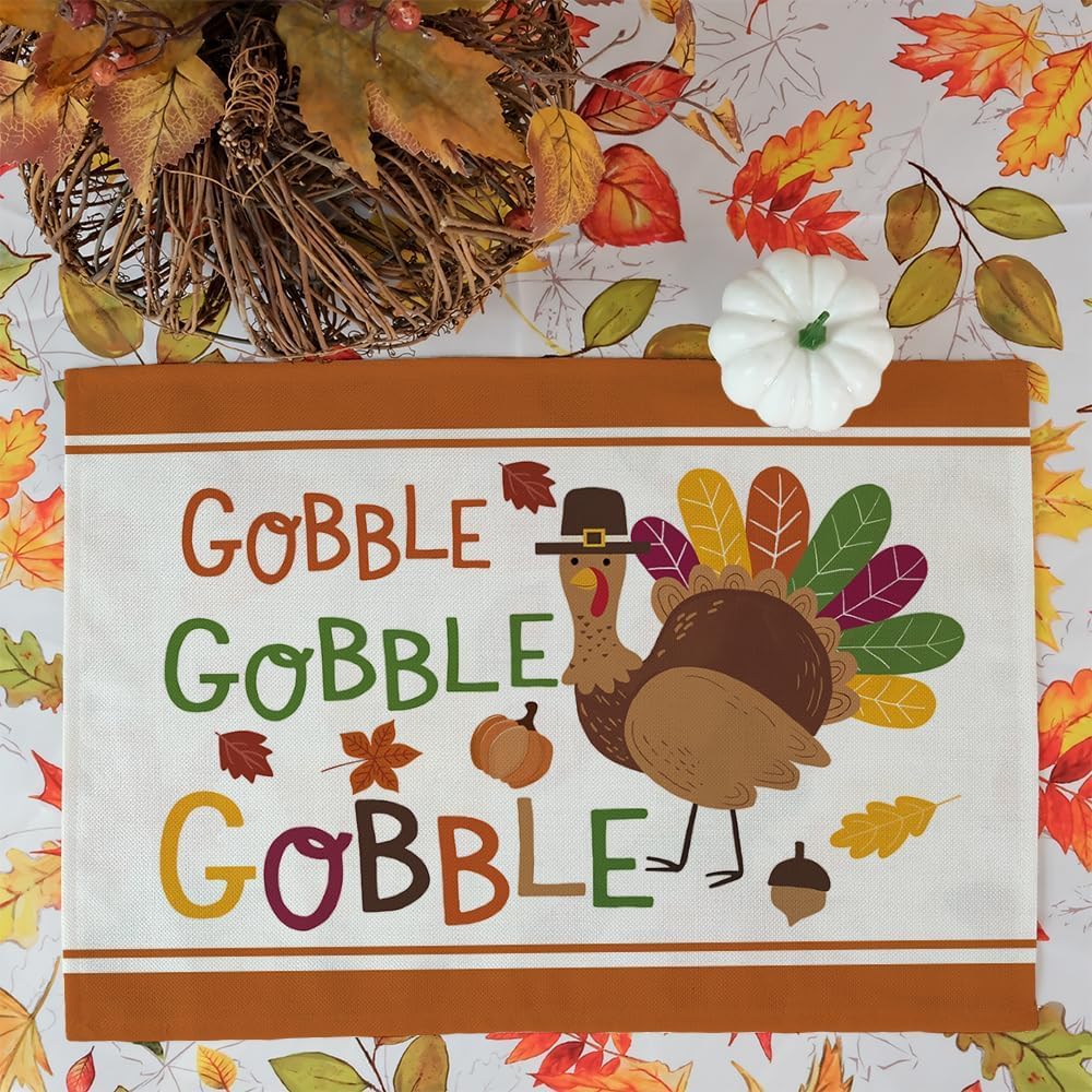 ARKENY Fall Thanksgiving Placemats 12x18 Inches Set of 4Turkey Gobble Seasonal Burlap Colorful Farmhouse Indoor Kitchen Dining Table Autumn Decorations for Home Party AP45018Multicolor Placemats Set of 4  12X18