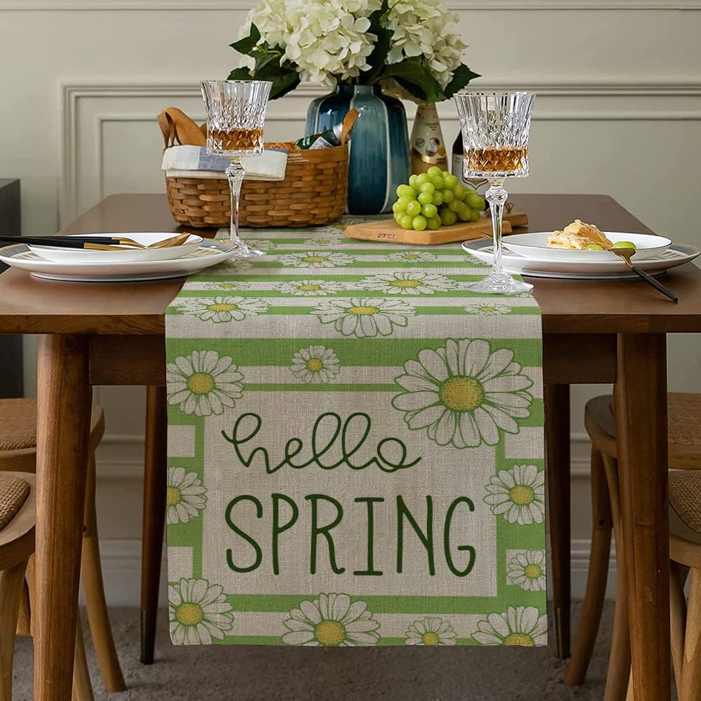 ARKENY Hello Spring Lily Flower Table Runner 13x72 InchesSeasonal Burlap Watercolor Green Stripes Farmhouse Indoor Kitchen Dining Table Decoration for Home PartyARKENY Hello Spring Lily Flower Table Runner 13x72 InchesSeasonal Burlap Watercolor Green Stripes Farmhouse Indoor Kitchen Dining Table Decoration for Home Party