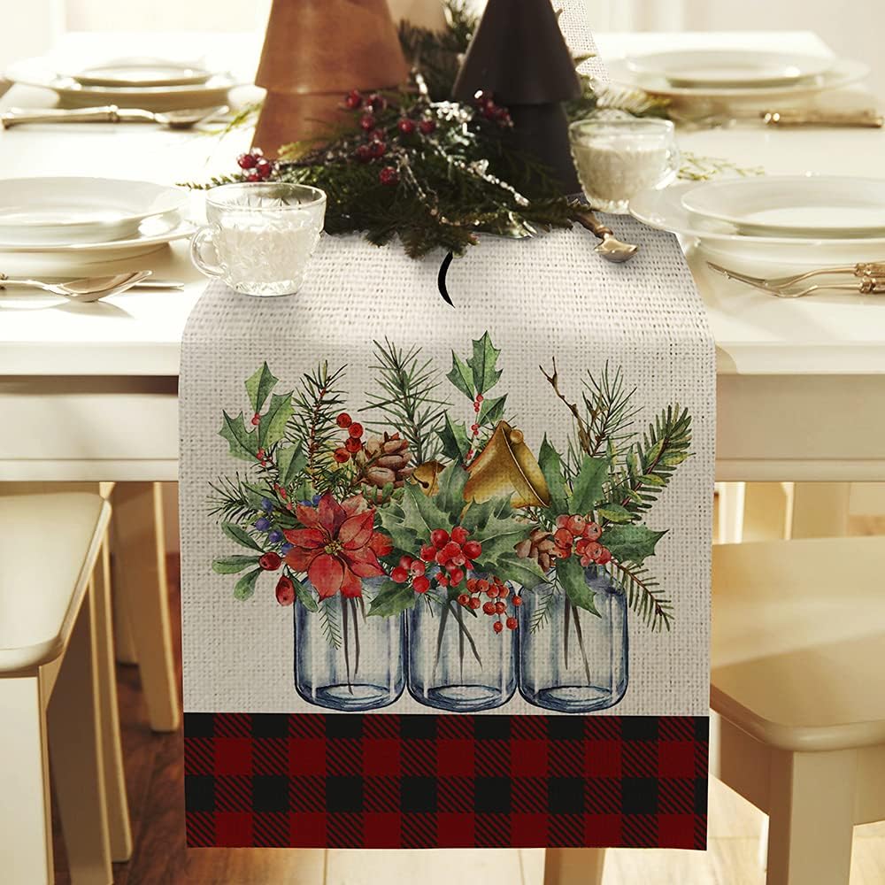 ARKENY Merry Christmas White Red Buffalo Plaid Floral Vase Leaves Holly Table Runner 13x72 Inches Long Farmhouse Indoor Outdoor Vintage Theme Gathering Dinner Party Holiday Decor AT014Red and Black