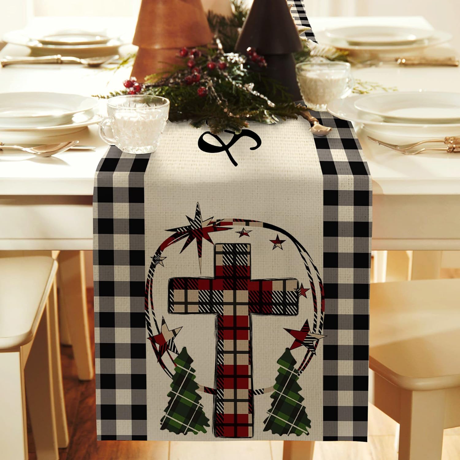 Christmas Decorations Cross Black White Buffalo Plaid Table Runner 13x72 Inches White Red Farmhouse Indoor Vintage Xmas Decor Holiday Theme Gathering Dinner Party Holiday AT036table runner 13X90 inch