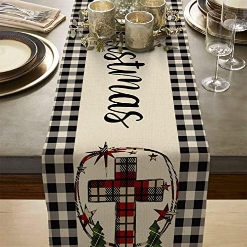 Christmas Decorations Cross Black White Buffalo Plaid Table Runner 13x72 Inches White Red Farmhouse Indoor Vintage Xmas Decor Holiday Theme Gathering Dinner Party Holiday AT036table runner 13X90 inch