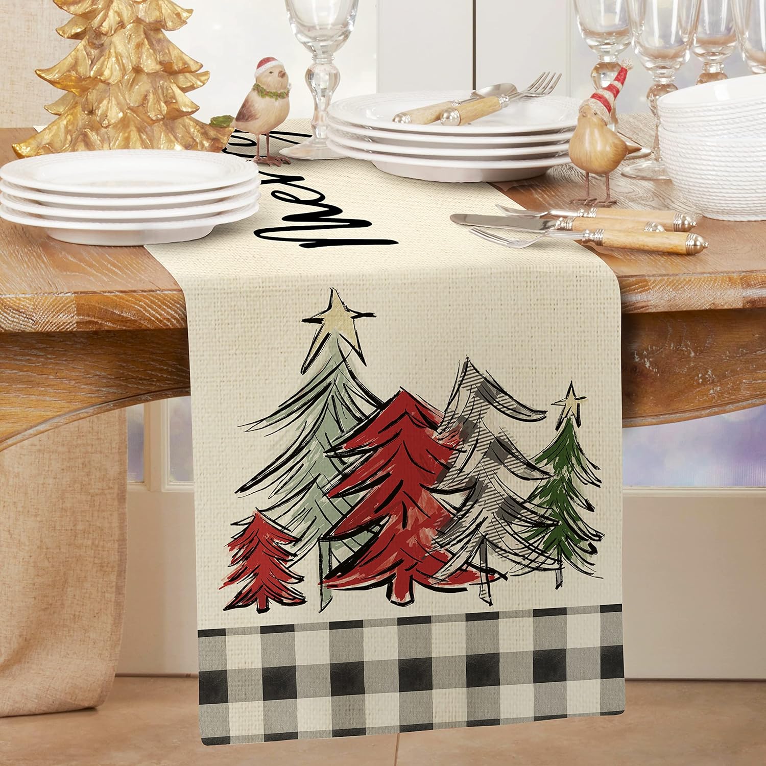 Christmas Decorations Trees Black White Buffalo Plaid Table Runner 13x72 Inches White Red Farmhouse Indoor Vintage Xmas Decor Holiday Theme Gathering Dinner Party Holiday AT043table runner 13X90 inch