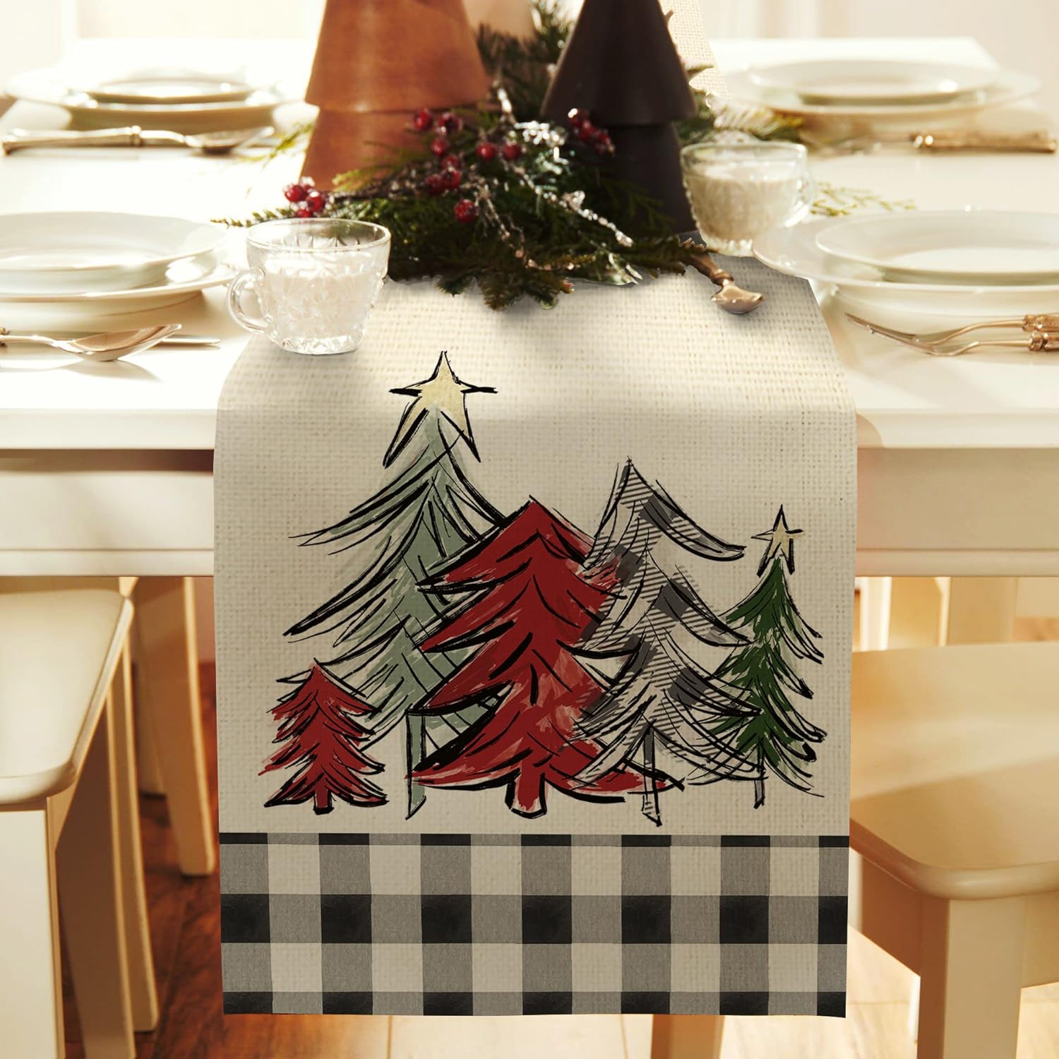 Christmas Decorations Trees Black White Buffalo Plaid Table Runner 13x72 Inches White Red Farmhouse Indoor Vintage Xmas Decor Holiday Theme Gathering Dinner Party Holiday AT043table runner 13X90 inch