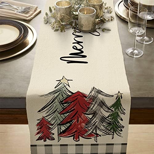 Christmas Decorations Trees Black White Buffalo Plaid Table Runner 13x72 Inches White Red Farmhouse Indoor Vintage Xmas Decor Holiday Theme Gathering Dinner Party Holiday AT043table runner 13X90 inch