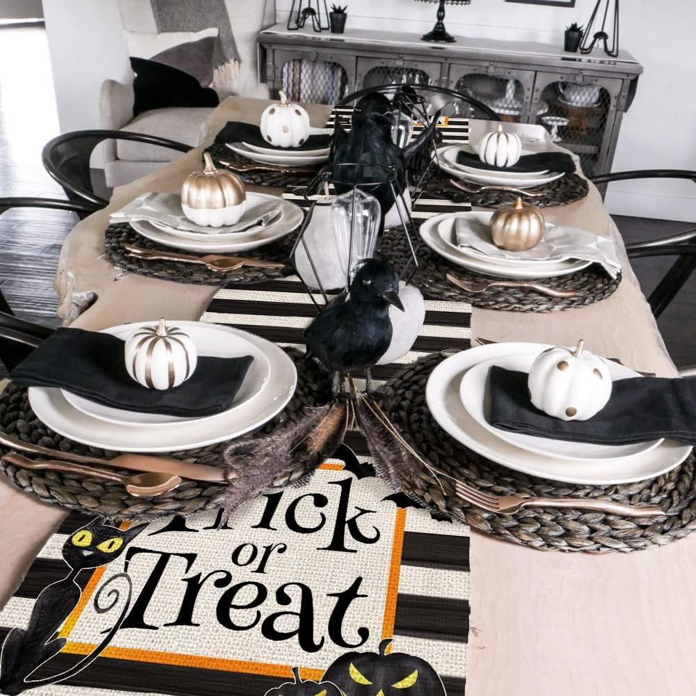 Halloween Decorations Cat Black Stripe Table Runner 13x72 Inches Long Trick or Treat Farmhouse Holiday Party Decor Intdoor Vintage Theme Gathering Dinner AT281Halloween Decorations Cat Black Stripe Table Runner 13x72 Inches Long Trick or Treat Farmhouse Holiday Party Decor Intdoor Vintage Theme Gathering Dinner AT281