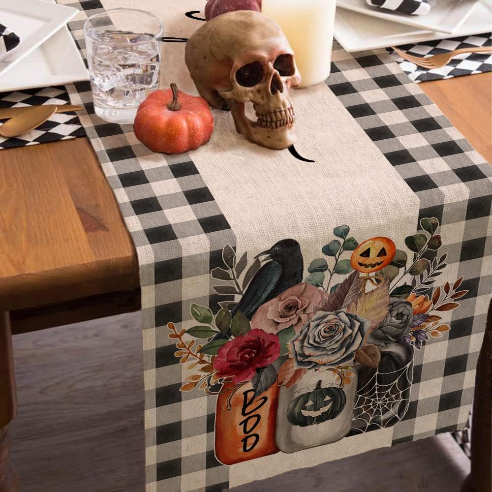 Happy Halloween Decorations Floral Vase Buffalo Plaid Table Runner 13x72 Inches Long Farmhouse Holiday Party Decor Indoor Vintage Theme Gathering Dinner AT288Happy Halloween Decorations Floral Vase Buffalo Plaid Table Runner 13x72 Inches Long Farmhouse Holiday Party Decor Indoor Vintage Theme Gathering Dinner AT288