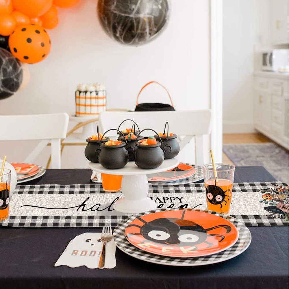 Happy Halloween Decorations Floral Vase Buffalo Plaid Table Runner 13x72 Inches Long Farmhouse Holiday Party Decor Indoor Vintage Theme Gathering Dinner AT288Happy Halloween Decorations Floral Vase Buffalo Plaid Table Runner 13x72 Inches Long Farmhouse Holiday Party Decor Indoor Vintage Theme Gathering Dinner AT288