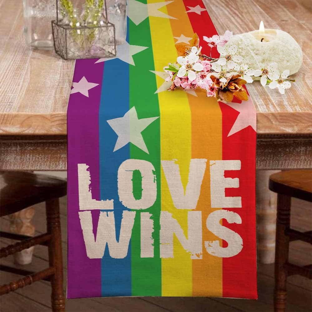 LGBTQ Pride Decorations Rainbow Stripes Table Runner 13 x 72 Inch Love Wins Gay Lesbian Pansexual Party Decor Rustic Vintage AT274LGBTQ Pride Decorations Rainbow Stripes Table Runner 13 x 72 Inch Love Wins Gay Lesbian Pansexual Party Decor Rustic Vintage AT274