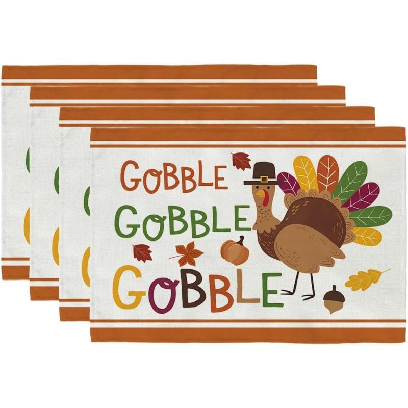 ARKENY Fall Thanksgiving Placemats 12x18 Inches Set of 4Turkey Gobble Seasonal Burlap Colorful Farmhouse Indoor Kitchen Dining Table Autumn Decorations for Home Party AP45018Multicolor Placemats Set of 4  12X18