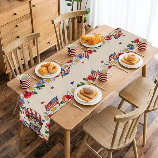 4th of July Decorations Table Runners 13x72 Inches Memorial Day American Flag Stars and Stripes Patriotic Cat Flower America Freedom Liberty Independence Day Decor AT219table runner 13X72