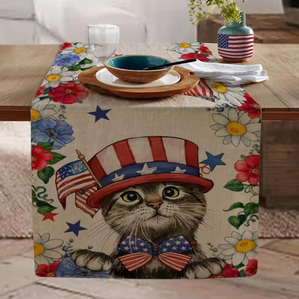 4th of July Decorations Table Runners 13x72 Inches Memorial Day American Flag Stars and Stripes Patriotic Cat Flower America Freedom Liberty Independence Day Decor AT219table runner 13X72