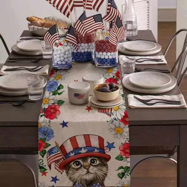 4th of July Decorations Table Runners 13x72 Inches Memorial Day American Flag Stars and Stripes Patriotic Cat Flower America Freedom Liberty Independence Day Decor AT219table runner 13X72