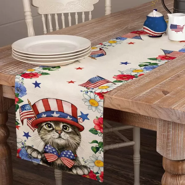 4th of July Decorations Table Runners 13x72 Inches Memorial Day American Flag Stars and Stripes Patriotic Cat Flower America Freedom Liberty Independence Day Decor AT219table runner 13X72