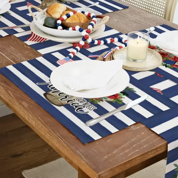 ARKENY 4th of July Decorations Blue Stripes Floral Placemats 12x18 Inches Memorial Day Patriotic Glod Bless America Sign Place mats Independence Day Decor AP27918Muti Placemats 12X18