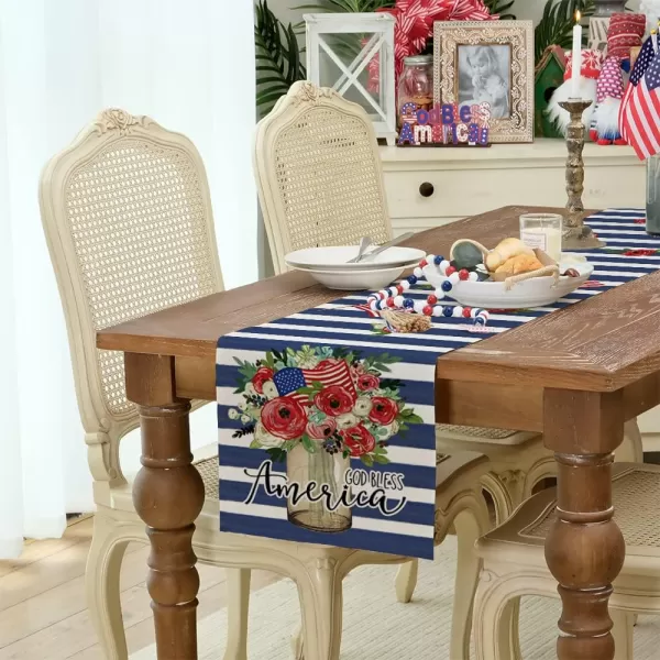 ARKENY 4th of July Decorations Blue Stripes Floral Placemats 12x18 Inches Memorial Day Patriotic Glod Bless America Sign Place mats Independence Day Decor AP27918Blue 13X72