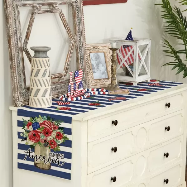 ARKENY 4th of July Decorations Blue Stripes Floral Placemats 12x18 Inches Memorial Day Patriotic Glod Bless America Sign Place mats Independence Day Decor AP27918Blue 13X72